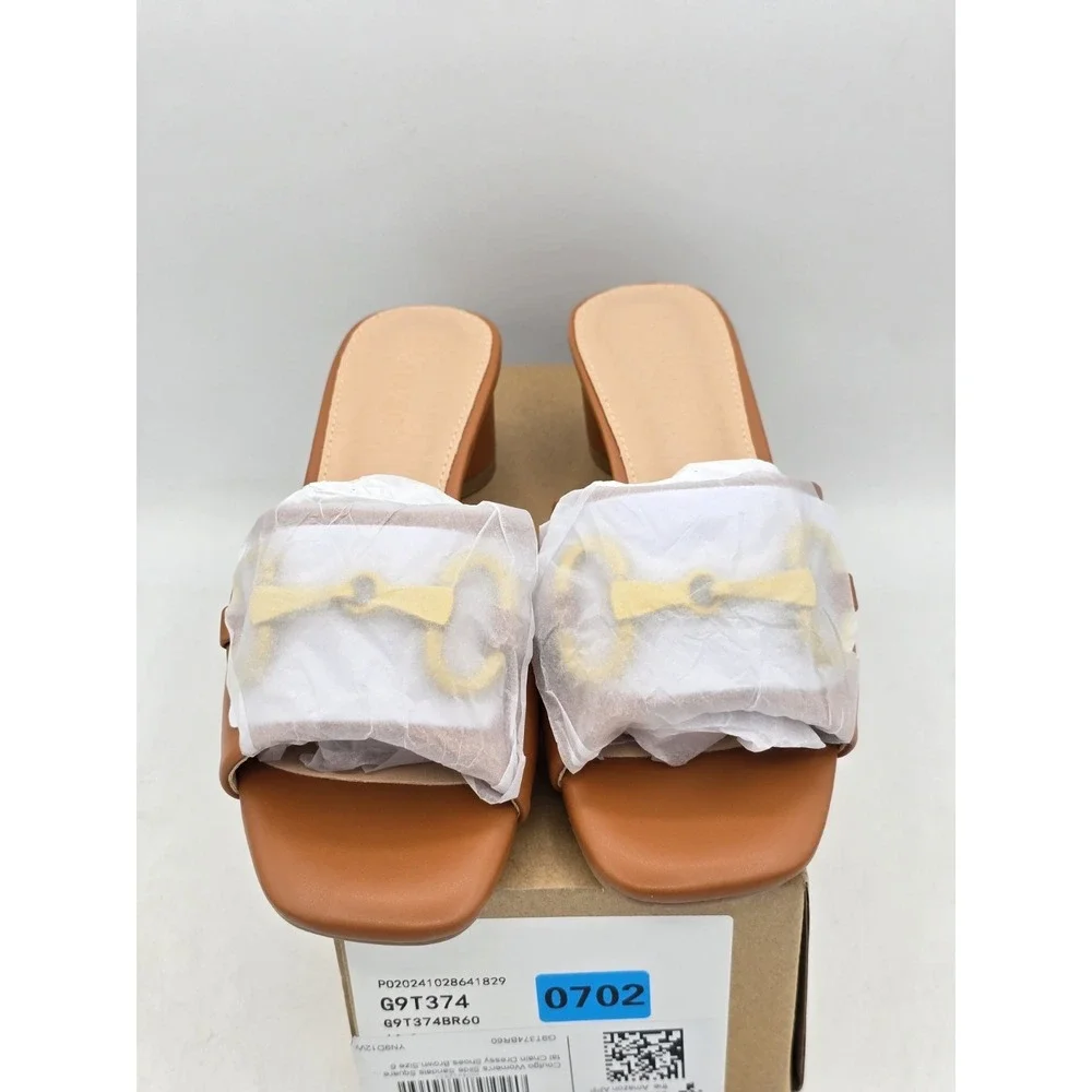 NIB Coutgo Women's Heeled Slides Sandals Square Open Toe Slip On - Brown‎ - Sz 6